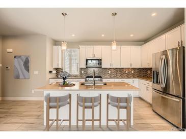 Beautiful kitchen features a large island with seating, modern appliances, and stylish countertops at 701 E 24Th Ave, Denver, CO 80205