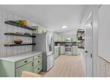 Bright kitchen features stainless steel appliances, sleek countertops, modern backsplash, and decorative floating shelves at 3619 N York St, Denver, CO 80205