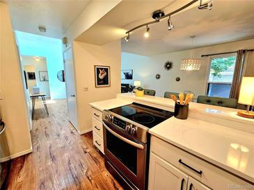 Modern kitchen featuring stainless steel appliances and open access to an adjoining living space at 1073 W Powers Ave, Littleton, CO 80120