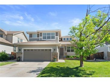 Beautiful two-story home with a well-manicured lawn, lovely landscaping and attached two car garage at 9290 Melborne Ct, Parker, CO 80134