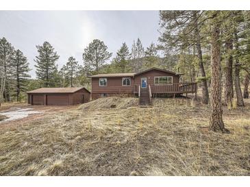Charming single-Gathering home featuring wooden accents and a detached two-car garage in a serene, wooded setting at 31168 Witteman Rd, Conifer, CO 80433