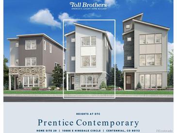 Contemporary home featuring a light gray color palette, large windows, and modern architectural details at 10886 E Hinsdale Cir, Centennial, CO 80112