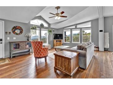 Bright living room with vaulted ceilings, mountain views, hardwood floors, and comfortable seating at 248 Copperdale Ln, Golden, CO 80403