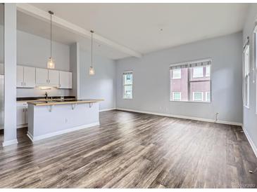Bright living room with open floor plan, modern lighting, and wood-style floors at 2501 15Th St # 3D, Denver, CO 80211