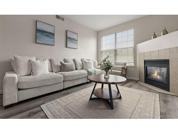 Bright living room featuring a fireplace and large window to provide lots of natural light at 7440 S Blackhawk St # 2-108, Englewood, CO 80112