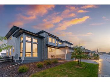 Inviting two-story home showcasing large windows and a stone accent wall at 303 Rogers Ct, Castle Rock, CO 80104