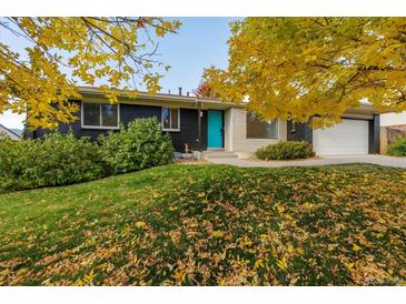 Charming single-Gathering home featuring a striking dark exterior, a bright blue door, and lovely autumn foliage at 2427 S Eldridge Ct, Lakewood, CO 80228