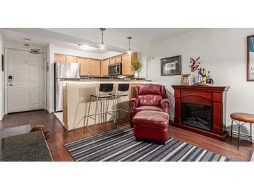Cozy living room featuring a fireplace, plush seating, and a stylish striped rug, perfect for relaxation at 1833 N Williams St # 101, Denver, CO 80218
