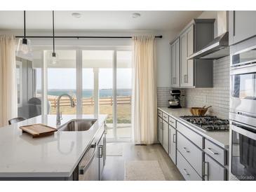 Bright kitchen with quartz countertops, stainless appliances, and a sliding glass door with beautiful views at 16568 W 92Nd Pl, Arvada, CO 80007