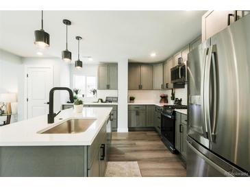 Bright kitchen features gray cabinets, stainless steel appliances, and a spacious island with modern lighting fixtures at 1450 Syracuse St, Denver, CO 80220