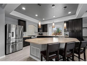 Modern kitchen with stainless steel appliances and island with seating and pendant lighting at 3917 Starry Night Loop, Castle Rock, CO 80109