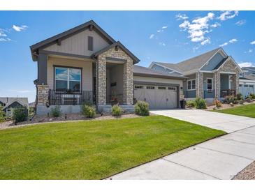 Beautifully landscaped front yard leading up to a charming home with stone facade and welcoming porch at 18926 W 94Th Ave, Arvada, CO 80007