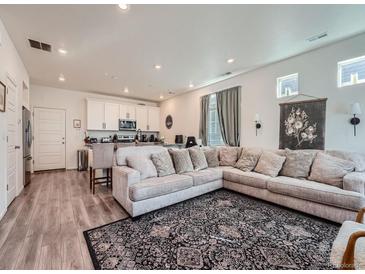 Bright living room featuring a cozy sectional sofa and stylish patterned rug at 17991 E 103Rd Ave, Commerce City, CO 80022