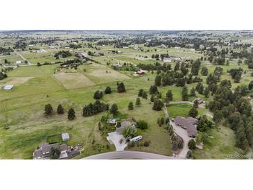 Expansive aerial view shows a home surrounded by lush greenery, trees, and vast open spaces at 12189 N Boot Hill Dr, Parker, CO 80138