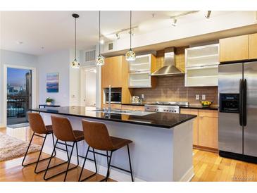 Modern kitchen with sleek countertops, stainless steel appliances, and adjacent outdoor patio access at 2240 N Clay St # 501, Denver, CO 80211