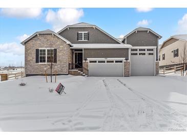 Two-story house with gray siding, stone accents, and a three-car garage at 4125 River Oaks St, Castle Rock, CO 80104