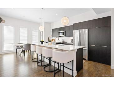 Modern kitchen with stainless steel appliances, a large island with bar seating, and stylish pendant lighting at 4395 Zuni St, Denver, CO 80211