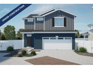 New two-story home with gray and blue siding, two-car garage, and landscaping at 22032 E 38Th Pl, Aurora, CO 80019