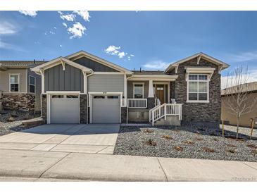 Charming home featuring gray stone and siding, a two-car garage, and a beautifully landscaped front yard at 651 Scrubjay Cir, Castle Rock, CO 80104