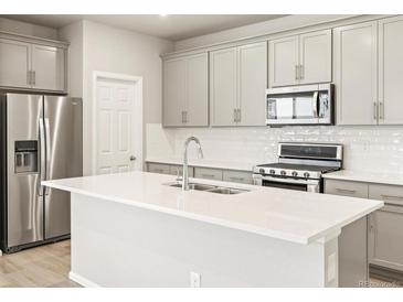 Modern kitchen features stainless steel appliances, white subway tile, and gray cabinets at 379 Remuda Rd, Berthoud, CO 80513