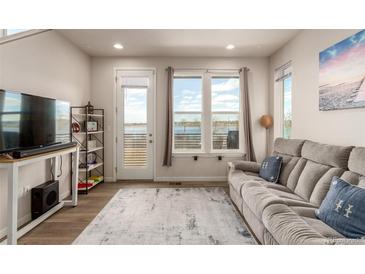 Bright living room featuring a comfortable couch, stylish rug, and sliding door access to an outdoor patio at 2641 Channel Dr, Highlands Ranch, CO 80129