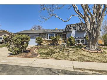 Charming home featuring stone accents, mature trees, and manicured landscaping at 11123 Clermont Dr, Thornton, CO 80233
