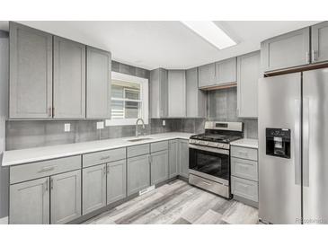 Well-lit kitchen with gray cabinets, stainless steel appliances, gray backsplash and hardwood floors at 1248 Meadow St, Longmont, CO 80501