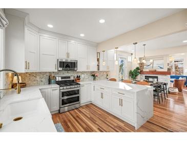 Modern white kitchen featuring stainless steel appliances, marble countertops, and stylish lighting fixtures at 2801 W 23Rd Ave, Denver, CO 80211