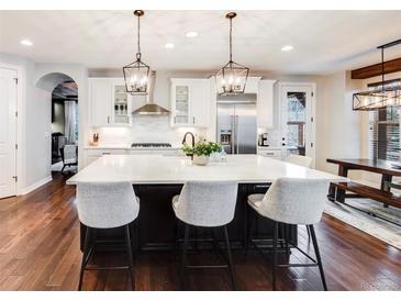 Modern kitchen features a large island with seating, pendant lighting, and stainless steel appliances at 10738 Braesheather Ct, Highlands Ranch, CO 80126