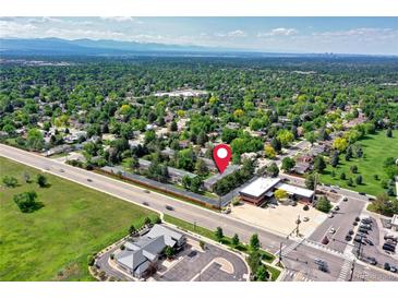 Aerial shot of this neighborhood and the property shows its location near open green spaces at 4856 E Hinsdale Pl, Centennial, CO 80122
