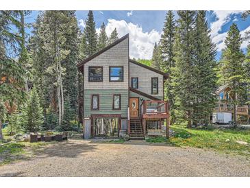 Stunning mountain home with a unique design and inviting front porch perfect for relaxing and enjoying nature at 5739 Highway 9, Breckenridge, CO 80424
