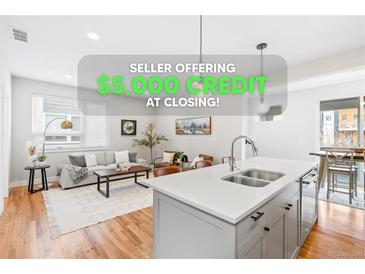 Modern living room with gray sofa, area rug, open to dining area and kitchen with quartz countertops at 1733 Irving St # 101, Denver, CO 80204
