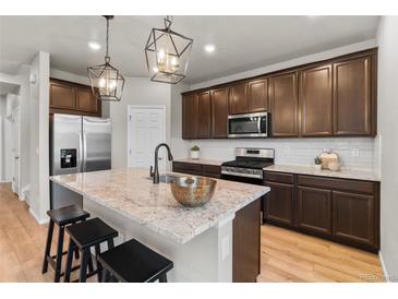 Modern kitchen features a large island with seating, granite countertops, stainless steel appliances, and stylish pendant lighting at 18014 Tree Sparrow Ave, Parker, CO 80134