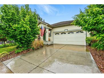Charming home featuring a two-car garage, American flag, and mature landscaping on a partially cloudy day at 3534 Starry Night Loop, Castle Rock, CO 80109