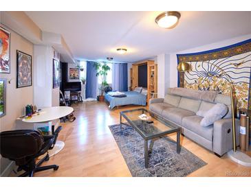 Bright, open living space with hardwood floors, cozy furniture, and ample natural light, perfect for relaxing or entertaining at 1196 N Grant St # 104, Denver, CO 80203