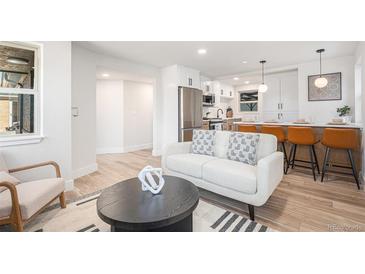 Bright and airy living room with a modern kitchen featuring stainless steel appliances and a stylish breakfast bar at 862 Pontiac St, Denver, CO 80220