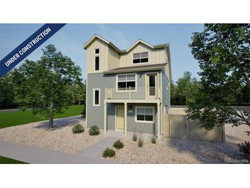 Modern two-story home with a front balcony and charming architectural details under construction at 46534 Avery Ln, Bennett, CO 80102