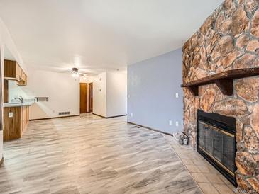 Spacious living room featuring stone fireplace and wood-look tile flooring at 9477 W 89Th Cir, Broomfield, CO 80021