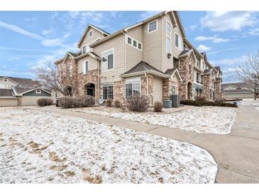 Three-story condo with stone accents and partial snow-covered lawn at 431 Black Feather Loop # 804, Castle Rock, CO 80104