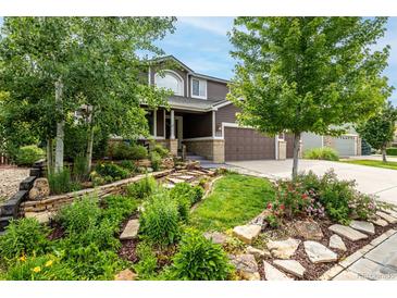 Beautiful two-story home with professional landscaping, including stone pathways and lush greenery at 8410 S Oak St, Littleton, CO 80127