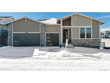 Two-story house with attached garage, light beige siding, and dark gray garage doors at 8845 Yellowcress St, Littleton, CO 80125