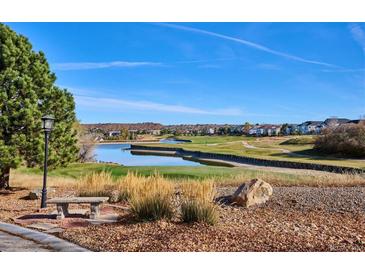 Scenic view of a meticulously maintained golf course with a serene lake and upscale homes in the background at 1913 Five Iron Dr, Castle Rock, CO 80104