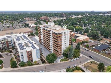 Aerial view of the condominium building and surrounding neighborhood at 4570 E Yale Ave # 1104, Denver, CO 80222