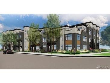 Modern three-story townhome with a mix of gray and brown siding, large windows, and manicured landscaping at 24 Oneida Ct, Denver, CO 80230