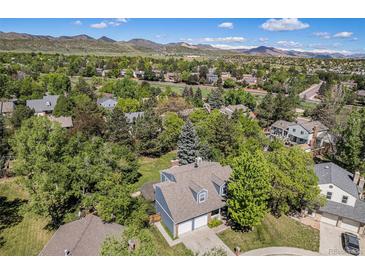 An aerial view of a home nestled among lush trees with a scenic mountain backdrop at 10247 W Roxbury Pl, Littleton, CO 80127