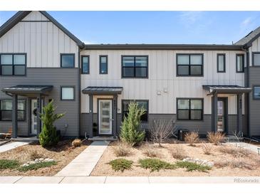 Contemporary two-story townhome showcasing modern design elements and a well-maintained front yard at 8051 Yampa River Ave, Littleton, CO 80125
