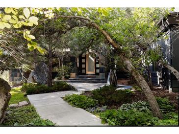 Landscaped front entrance with stone accents and a glass-paned door adding to the home's curb appeal at 1070 Cypress Way, Castle Rock, CO 80108