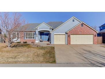Charming home featuring a blue front door, brick accents, and a spacious two-car garage at 10169 Briargrove Way, Highlands Ranch, CO 80126