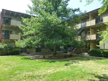 Courtyard with large tree, grass, and seating at 2401 S Gaylord St # 103, Denver, CO 80210