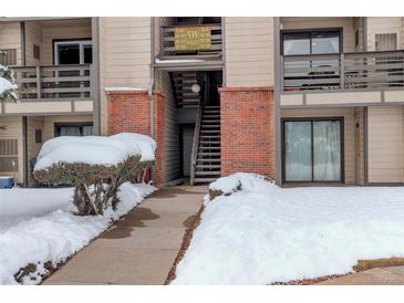 Exterior entrance to the building featuring stairs and well maintained snow covered landscaping at 539 Wright St # 102, Lakewood, CO 80228